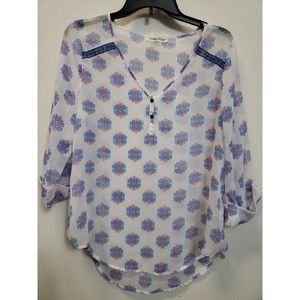 Wishful Park Women’s blue red white semi Sheer Top Large 3/4 sleeve vneck